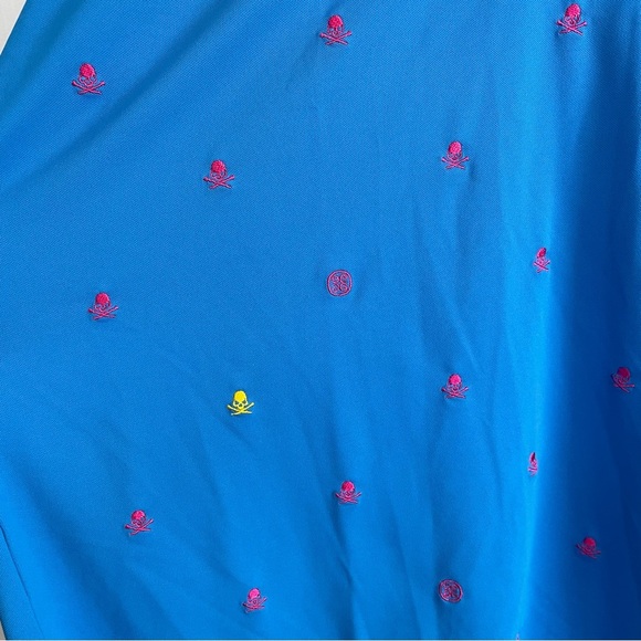 G/FORE Embroidered Piqué Golf Polo Shirt Blue Neon Pink Skull Striped Collar L - Picture 8 of 14